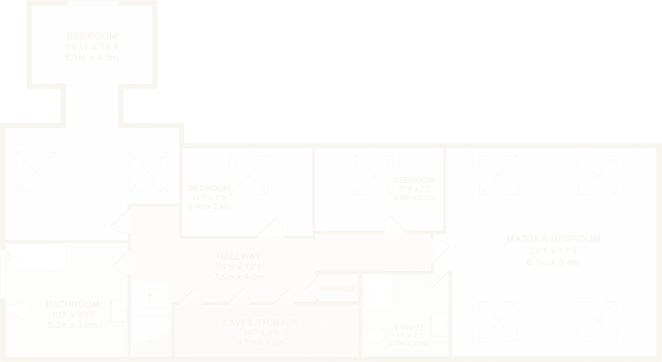 First floor plan: master bedroom with en suite, three further bedrooms, house bathroom, hallway and eaves storage