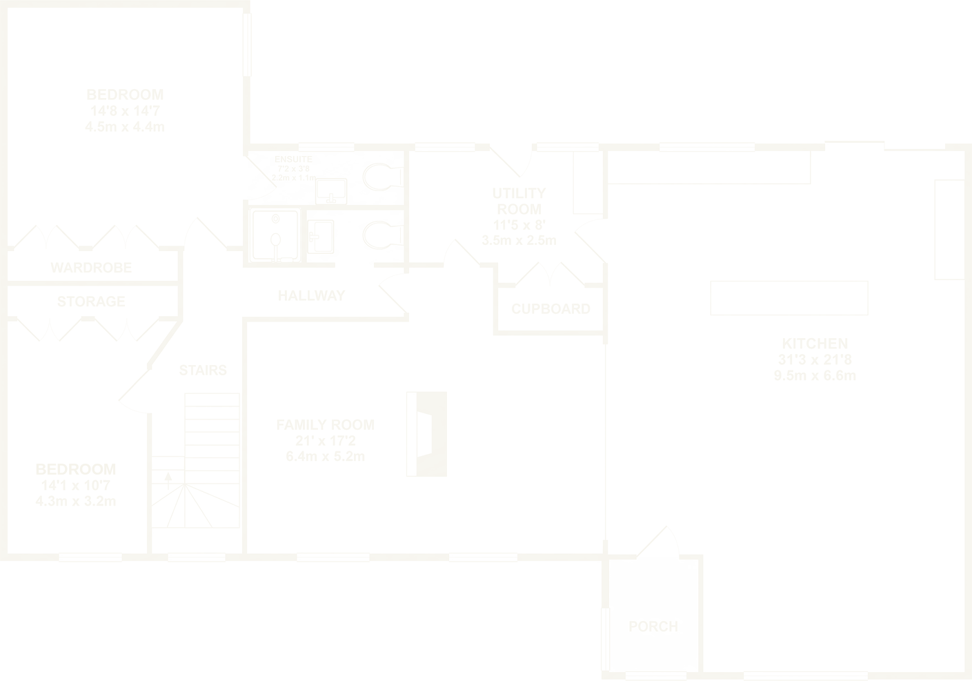 Ground floor plan: porch, kitchen and dining, family room, hallway, WC, utility room, bedroom, bedroom with en suite