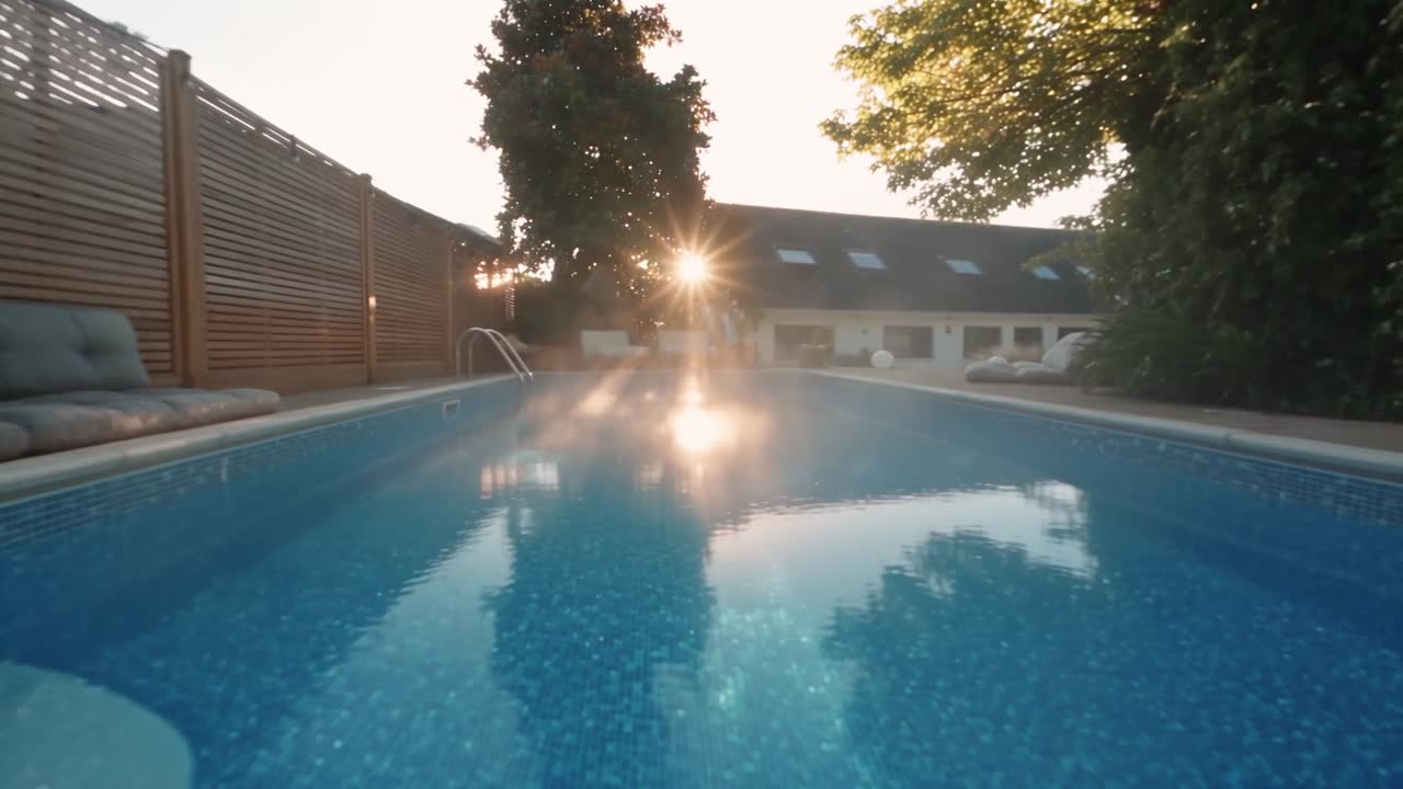 The pool at St Omer at sunrise, with the house beyond