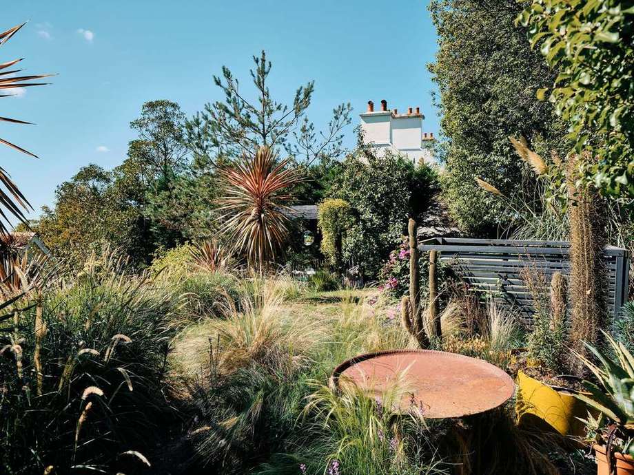 Grasses and a rusted planter on the terrace